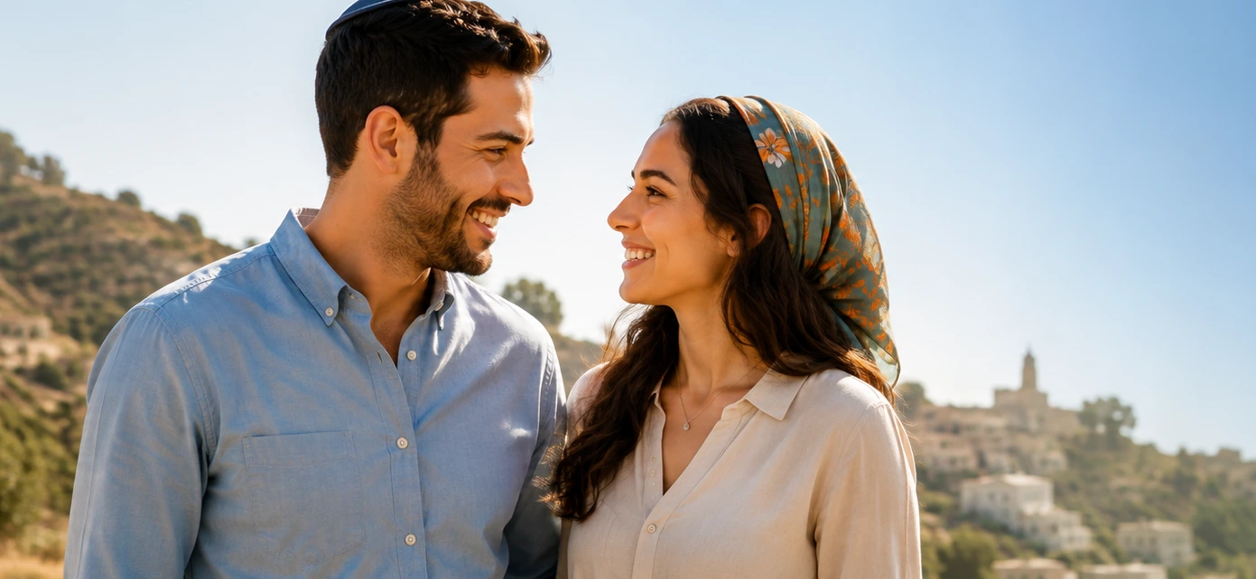 זוג דתי מחייך באווירה ישראלית